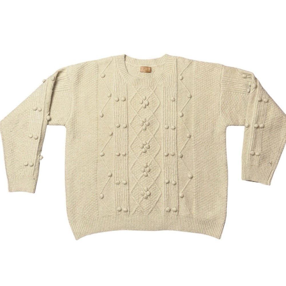 POL Oversize Chunky Cream Cable Knit / Bobble Sweater Woman's Crew Pullover Sz L